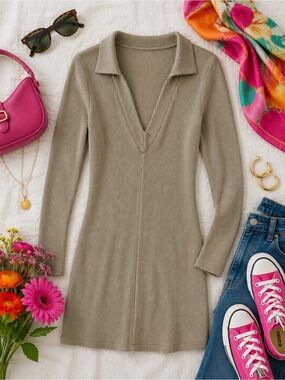 chartreuse brushed rib long sleeve ruched shirt dress Chartreuse Brushed Rib Long Sleeve Ruched